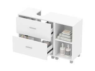 Meuble sous lavabo pour vasque suspendue sans colonne, 2 tiroirs, étagères, blanc, 90 cm