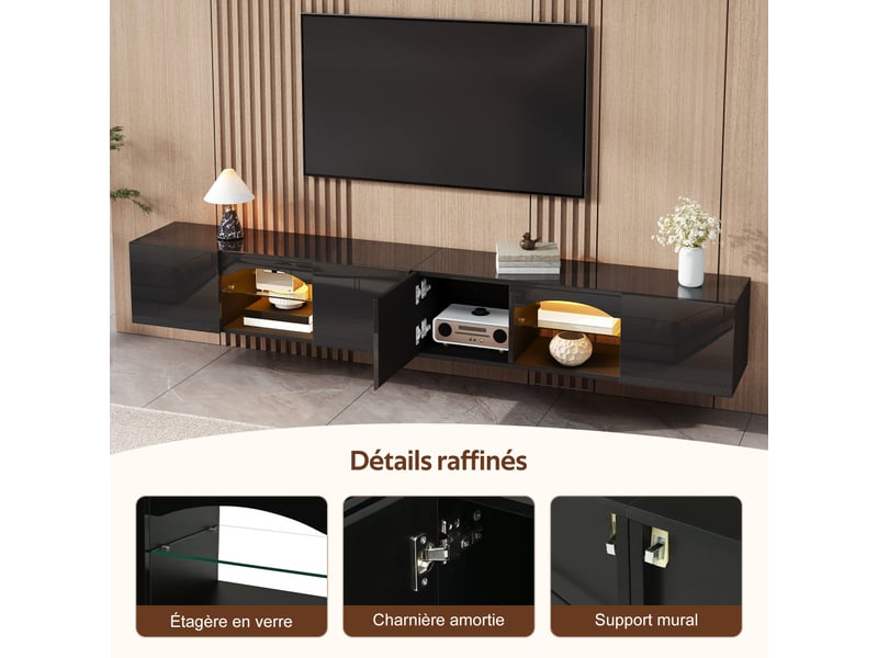  Meuble tv 200 cm 4 portes 2 niches noir ou blanc tablettes en verre led via application salon  - Conforama C