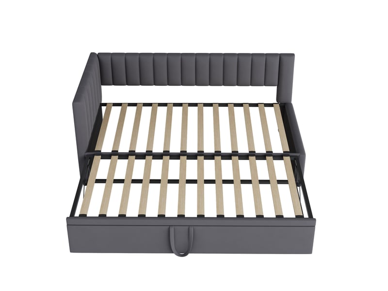  Lit enfant gigogne 90x200cm, gain de place, tête de lit confort, style moderne, velours gris foncé, sans matelas  - Conforama E