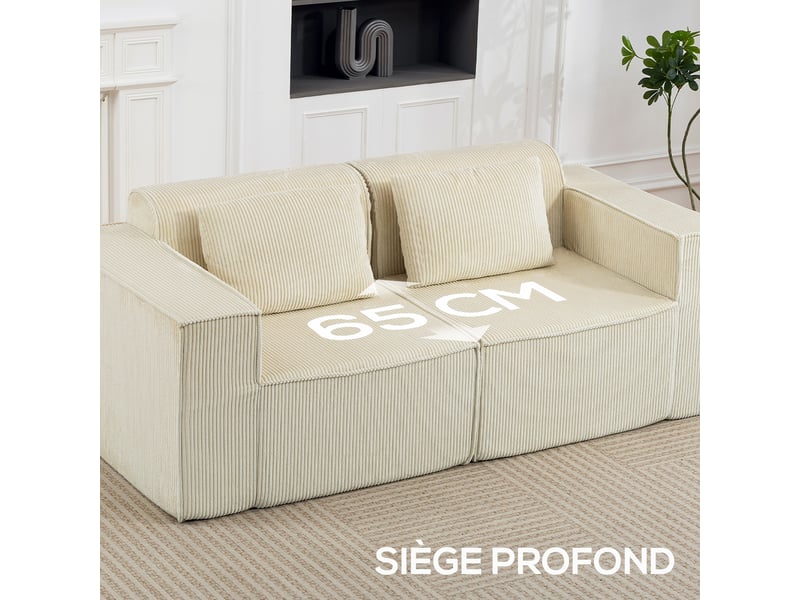  Canapé 3 places en velours côtelé, canapé rembourré, larges accoudoirs, 2 coussins, pas de montage, 202x90x76cm, beige  - Conforama E
