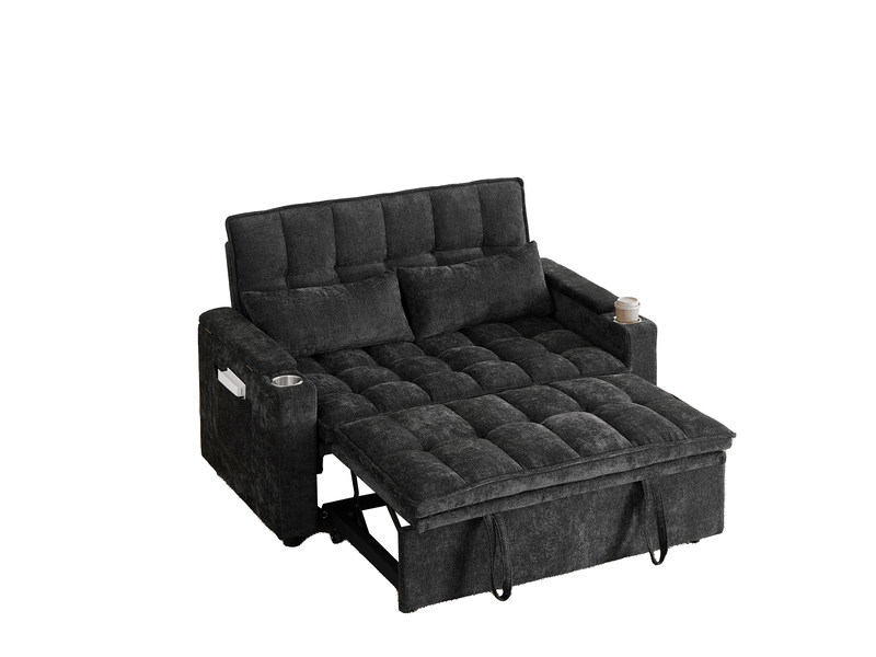 Canapé-lit 2 places 3 en 1 142x89x89 cm effet nuage avec rangements accoudoirs, porte-gobelets, 2 coussins lombaires, chenille noir - Conforama A