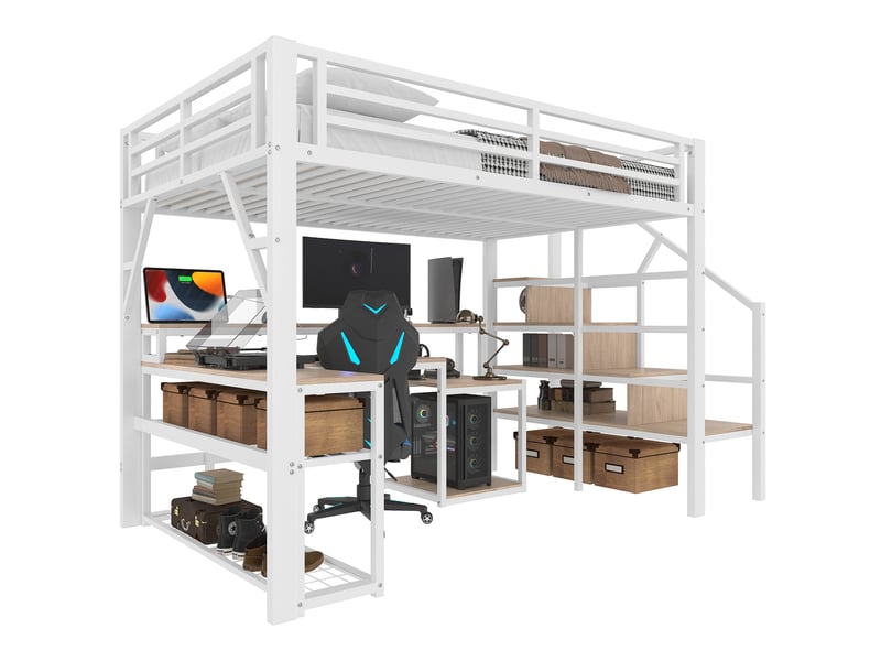  Lit mezzanine 140x200 cm avec bureau, led et rangements blanc  - Conforama A