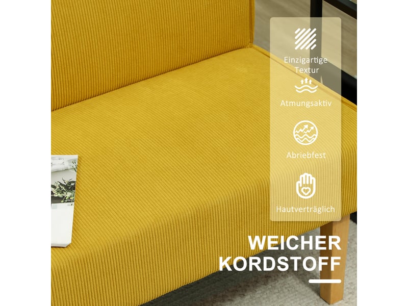 Canapé 2 places, canapé de salon – pieds bois, jaune, en velours tricoté, 110 x 62 x 85 cm  - Conforama D