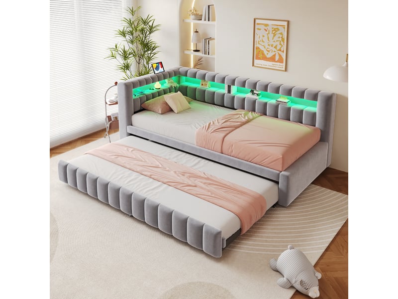 Lit capitonné, lit enfant 90x200 cm, canapé-lit extensible, led, usb, velours gris clair, réf. 422aag  - Conforama C