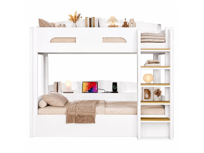 Lit superposé 2 couchages 90x200 cm, prise usb, rangements intégrés, bois et mdf, blanc sans matelas - Conforama A