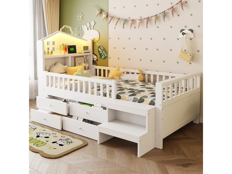 Lit enfant 90x200 cm en bois massif blanc avec barrière de sécurité, rangements et led - Conforama W