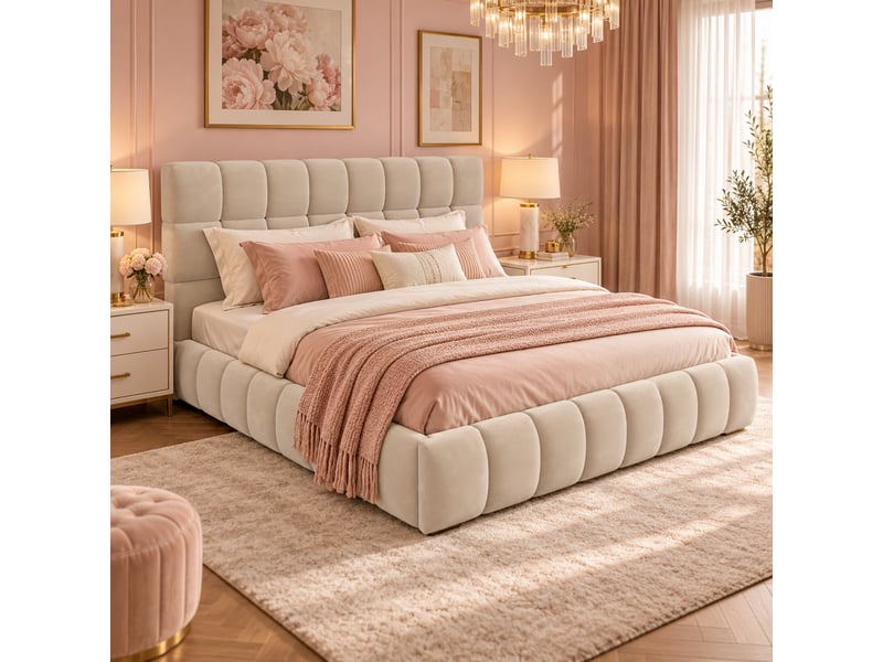  Lit capitonné 140x190 cm avec dossier rembourré, cadre bas et contour matelassé en velours, sans matelas, beige  - Conforama E