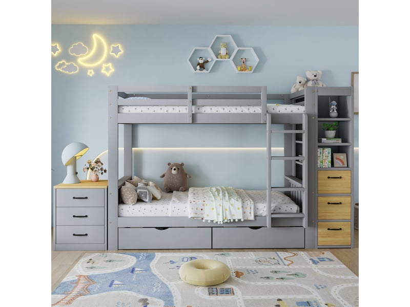Lit superposé 90x200 cm avec rangements en bois et mdf couleur gris clair et naturel, sans matelas, design moderne - Conforama D