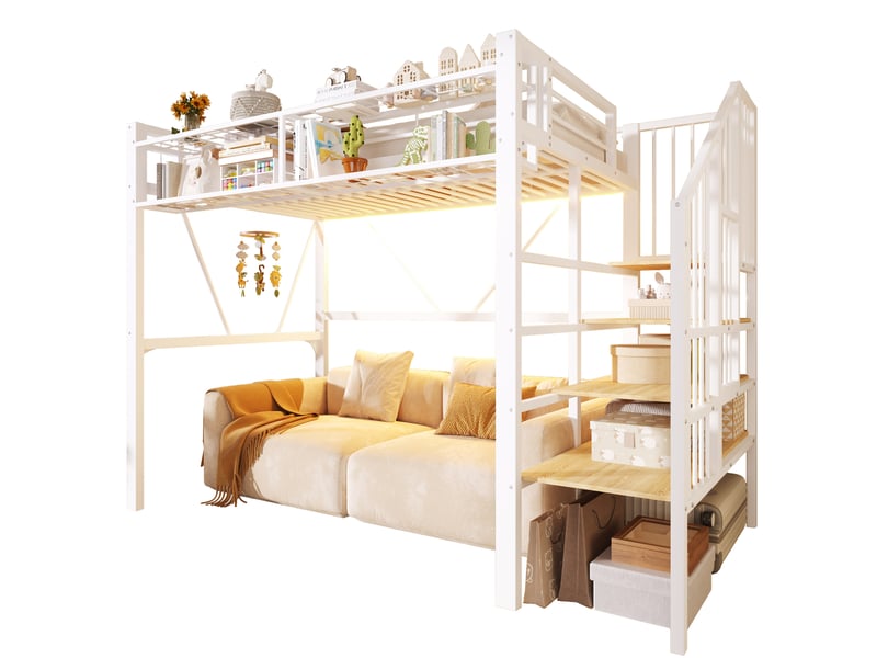  Lit mezzanine 90 × 200 cm avec échelle-étagère, rangement ouvert et bande led en métal et mdf blanc  - Conforama A
