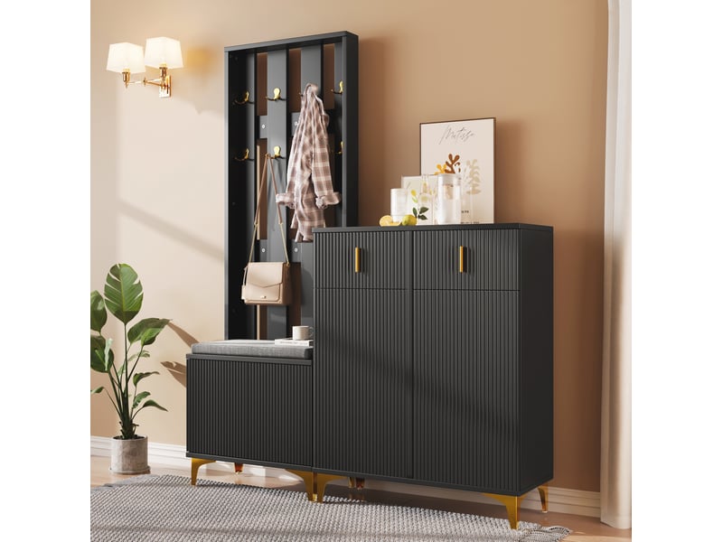  Ensemble vestiaire ulevr avec rangement chaussures, 2 tiroirs, 2 portes, panneau à crochets et banc avec coussin, noir, panneaux de particules  - Conforama D