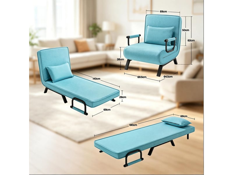 Fauteuil convertible avec dossier réglable à 5 positions et coussin amovible, en lin et métal bleu - Conforama D