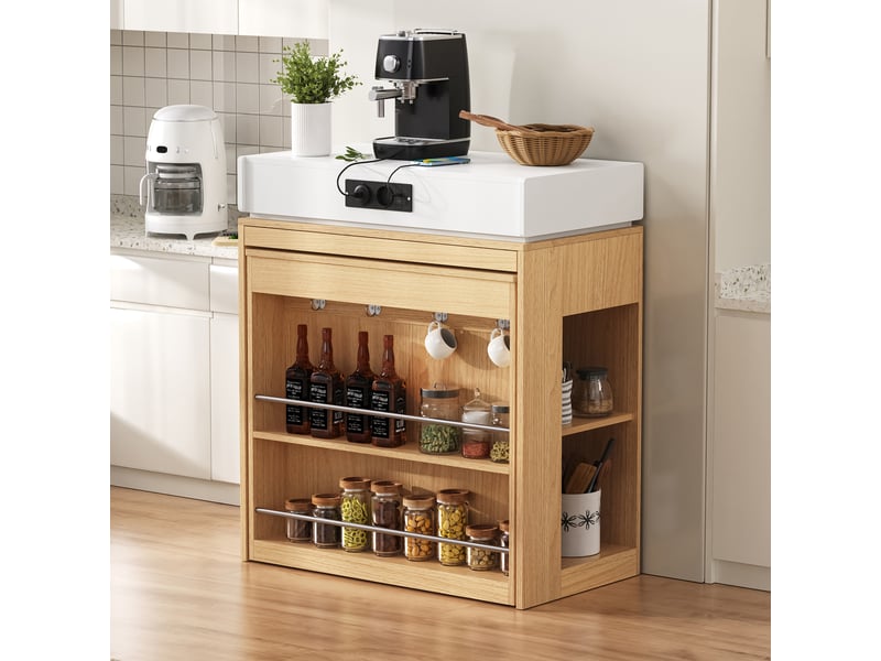  Îlot de cuisine extensible à roulettes avec prises, mdf et verre, naturel  - Conforama B