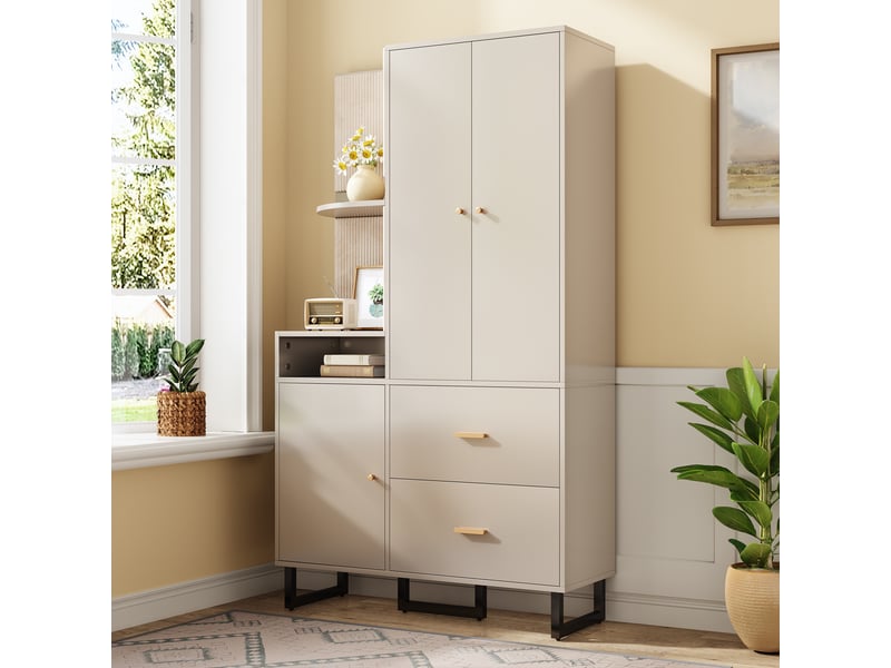  Vestiaire d'entrée, meuble d'entrée complet avec porte-manteau et banc à chaussures, armoire de couloir avec rembourrés et métal, beige et gris  - Conforama B