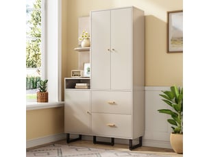 Vestiaire d'entrée, meuble d'entrée complet avec porte-manteau et banc à chaussures, armoire de couloir avec rembourrés et métal, beige et gris