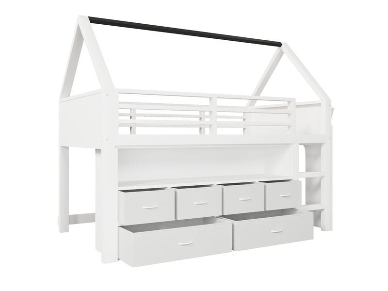  Lit mezzanine enfant 90x200 cm avec 6 tiroirs en tissu, cabane blanche en pin et mdf, guirlande led multicolore  - Conforama R