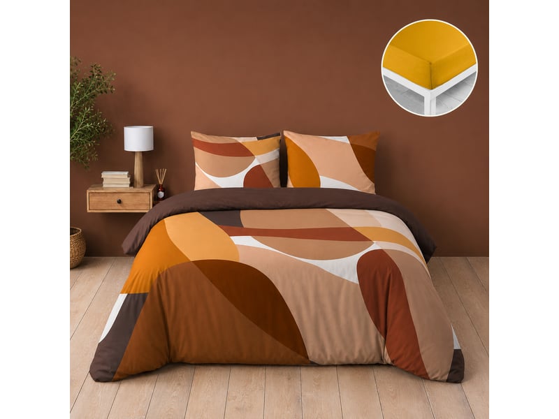  Parure de lit 240 x 220 cm 100% coton 42 fils boogie + drap housse 140 x 190 cm curry  - Conforama A