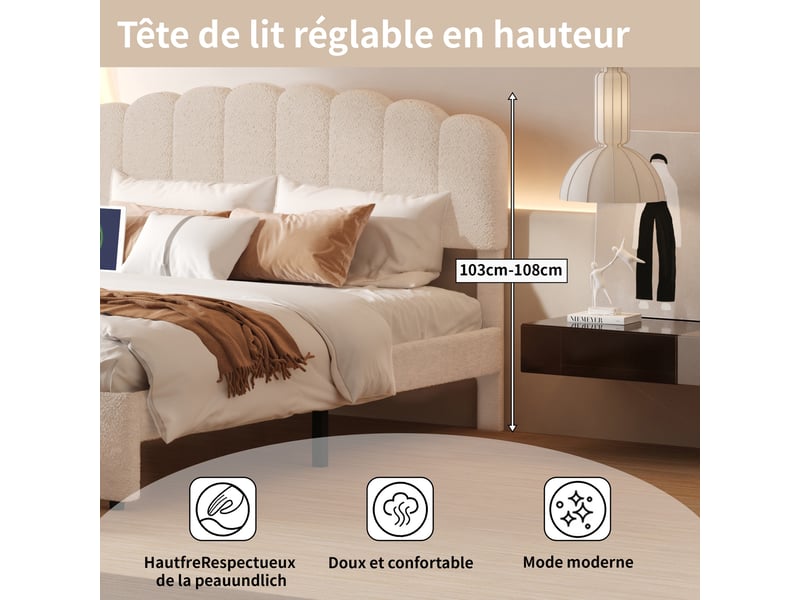 Lit double 160x200 cm, lit adulte 140x200 cm, 1 tiroir au pied du lit, port usb et type-c, tissu teddy polaire, beige, style moderne  - Conforama E
