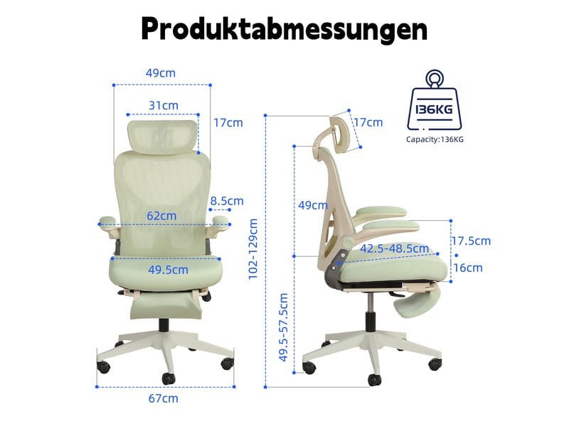  Chaise de bureau ergonomique pliable avec appui-tête 3d et soutien lombaire - lpospi - maille et mousse vert  - Conforama D