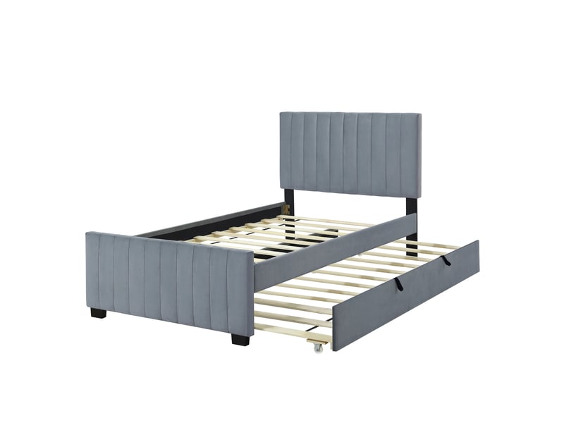  Lit simple rembourré 90 x 190 cm, avec lit gigogne, velours doux pour la peau, gris  - Conforama E