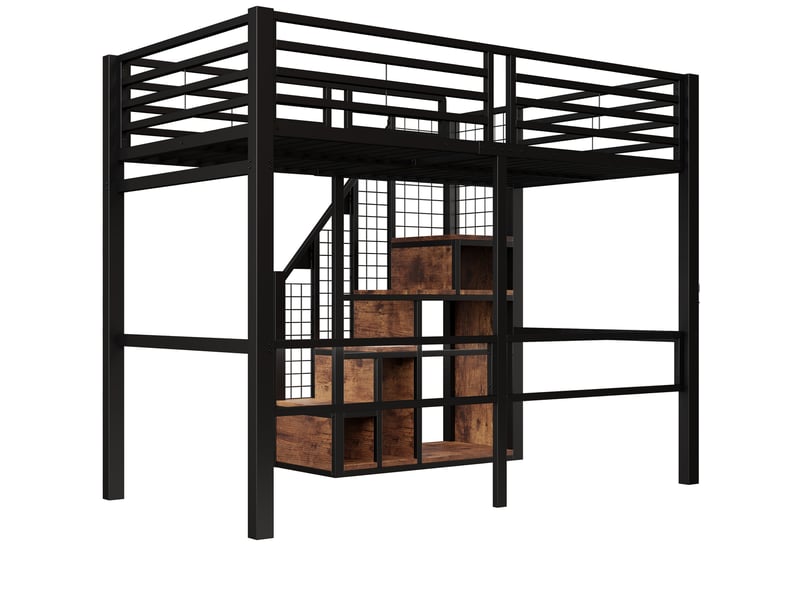  Lit mezzanine 90x200 cm en métal noir, échelle sécurisée, étagères et espace de rangement  - Conforama E