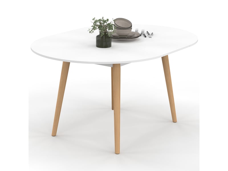 Table à manger extensible ronde angela 4-8 personnes blanc pied bois 110 - 150 cm  - Conforama D