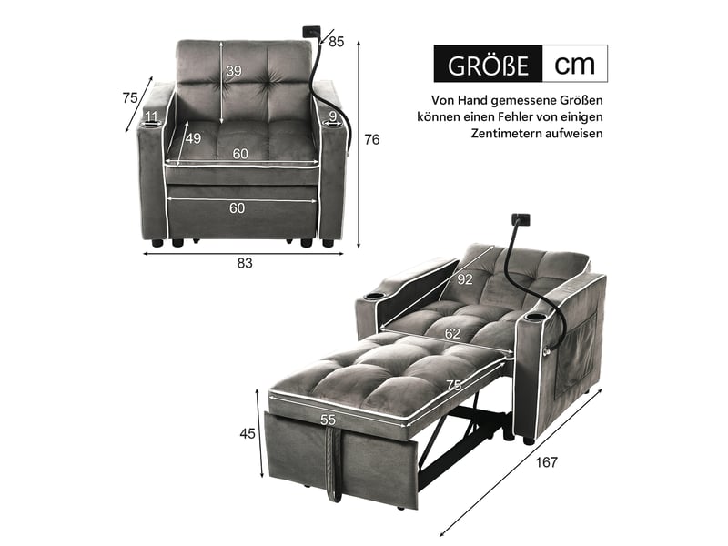  Fauteuil convertible 3-en-1 83x167x76 cm en velours gris foncé  - Conforama C