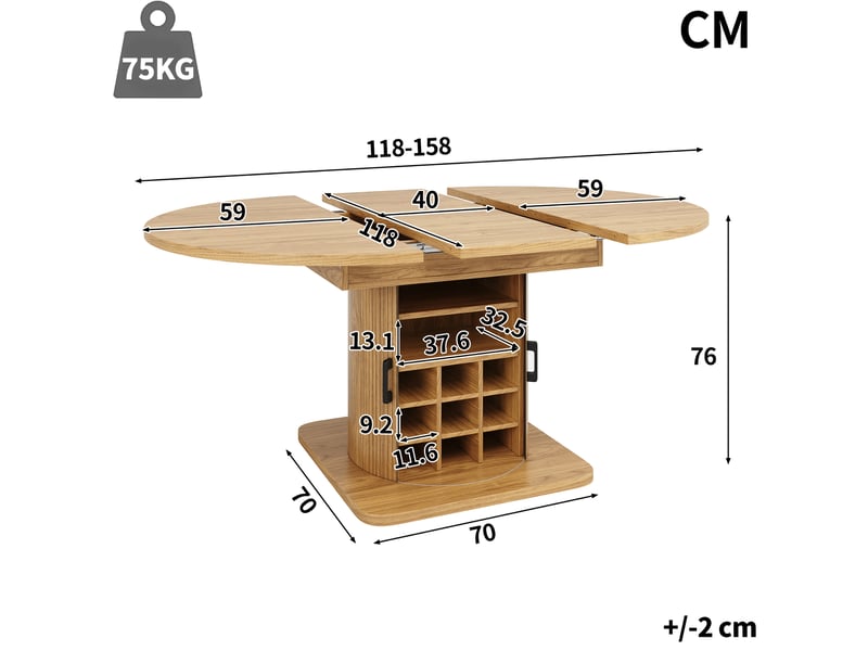  Table à manger extensible 118-158x118x76cm, plateaux amovibles, rangement, plateau en aggloméré et cadre métal finition naturelle, table de cuisine  - Conforama C