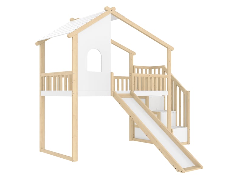  Lit mezzanine enfant 90x200 cm avec toboggan et rangements, pin, mdf et contreplaqué, naturel et blanc, sans matelas  - Conforama D