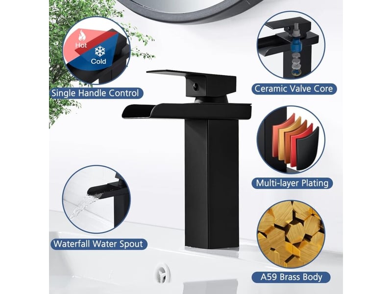  Robinet de salle de bains cascade noir moderne, robinet de lavabo cascade avec bec hauteur 140 mm, robinet de salle de bains en laiton  - Conforama E