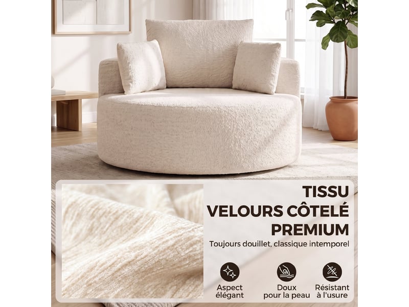  Pouf canapé rond en chenille, grande assise, 2 coussins, 1 dossier, 1 traversin, 130x130x82cm, charge 250kg, crème  - Conforama R