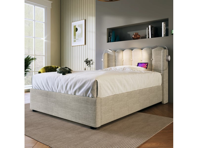  Modenvie lit coffre 90x200 cm - avec rangement intégré, liseuse et ports usb, sans matelas - naturel  - Conforama D