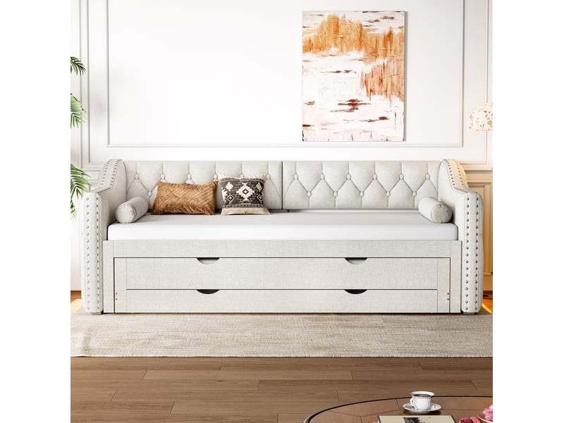 Lit enfant 90x200cm, style minimaliste, lit gigogne, avec éclairage led 7 couleurs, 3 tiroirs, lin beige, sans matelas  - Conforama E