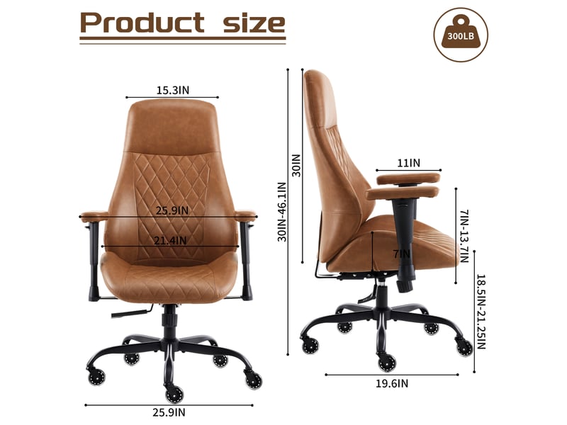  Chaise de bureau ergonomique à dossier haut, similicuir marron et roulettes  - Conforama B