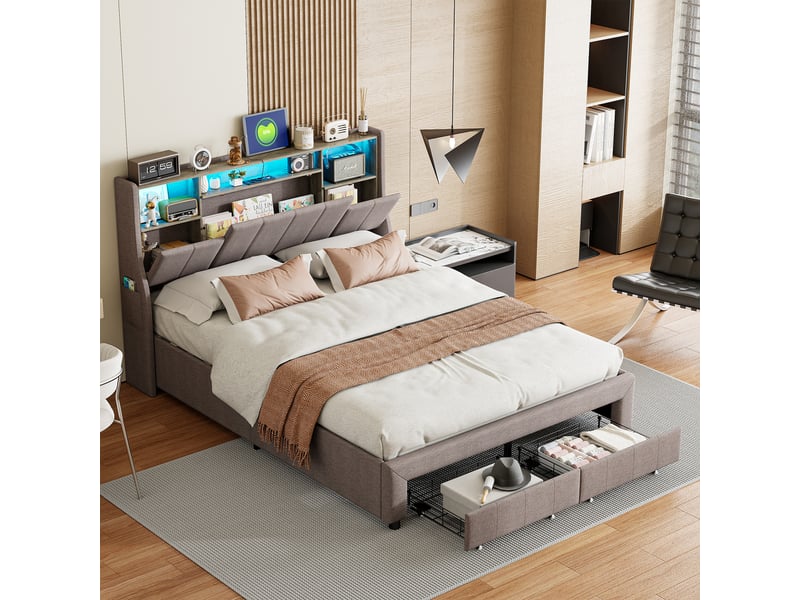 Cadre de lit 160x200 cm gris avec led, port usb, 2 tiroirs et rangements tête – style scandinave - Conforama B