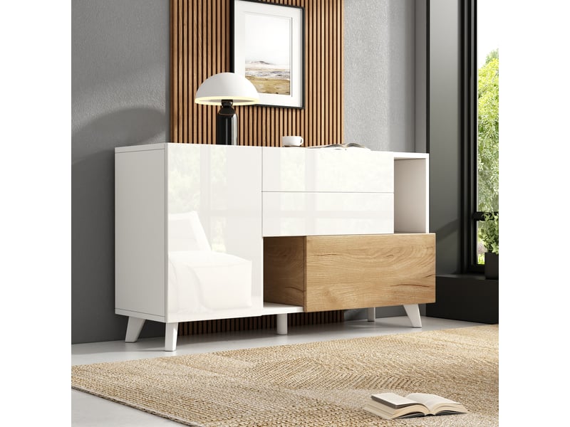 Buffet salle à manger 130x40x70 cm, meuble bas blanc laqué avec 2 tiroirs intégrés et porte sans poignée, design - Conforama B