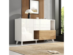Buffet salle à manger 130x40x70 cm, meuble bas blanc laqué avec 2 tiroirs intégrés et porte sans poignée, design