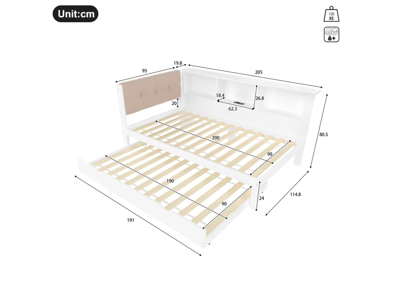  Lit gigogne 90x200 cm avec étagères, led et usb, blanc  - Conforama E