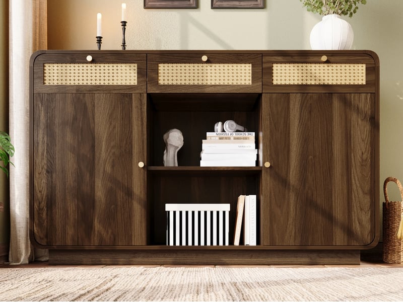 Buffet, 85x120x40cm, meuble de rangement avec 3 tiroirs et 2 portes, étagère ouverte - Conforama B