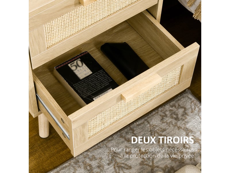 Lot de 2 tables de chevet tables d'appoint 2 tiroirs façades aspect cannage rotin style bohème naturel 40 x 40 x 56 cm  - Conforama E
