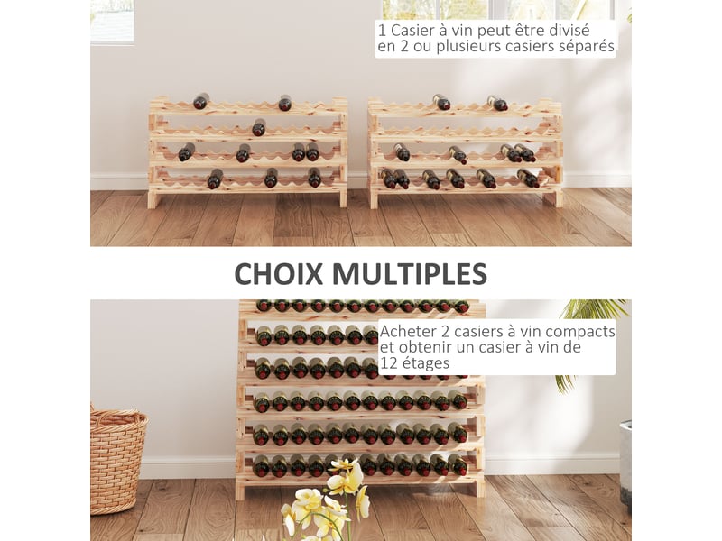  Casier à bouteilles pour 96 bouteilles, 114×28×113,5cm, étagère à vin avec 8 niveaux modulable, bois naturel  - Conforama A