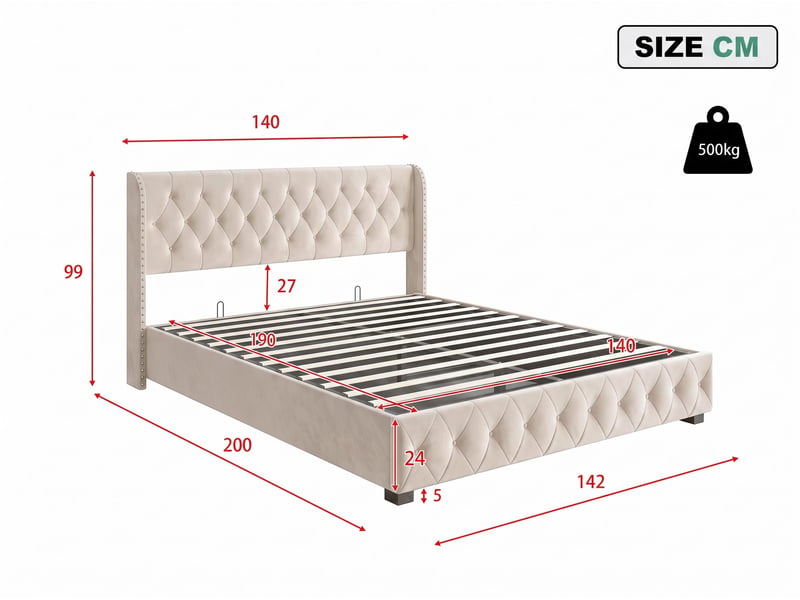  Lit 2 places 140×190 cm – lit coffre –  clous décoratifs – sommier à lattes – velours beige  - Conforama C