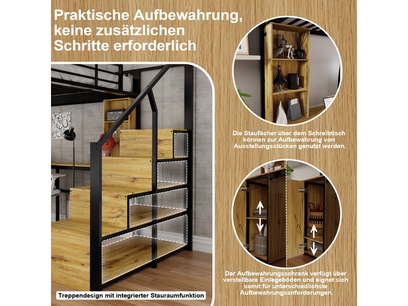  Lit mezzanine 2 places 140×200 cm avec bureau, rangement, usb et escalier - okmyhome- noir, sans matelas  - Conforama E