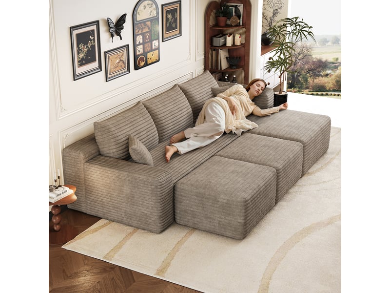 Canapé d'angle modulaire 3 places avec 2 poufs 241 x 151 x 58 cm, assise profonde, design nuage, velours côtelé, chameau Bliss Lite - Conforama E