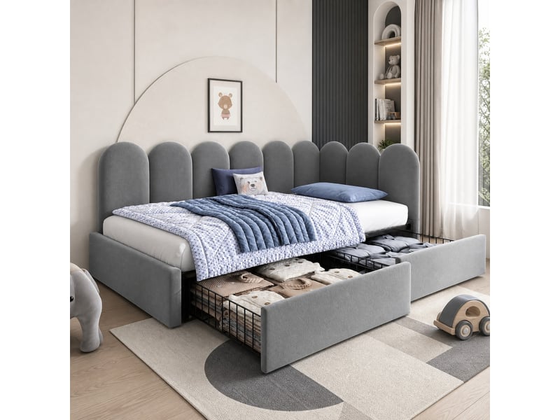  Lit simple 90x190 cm avec 2 tiroirs en velours gris  - Conforama B