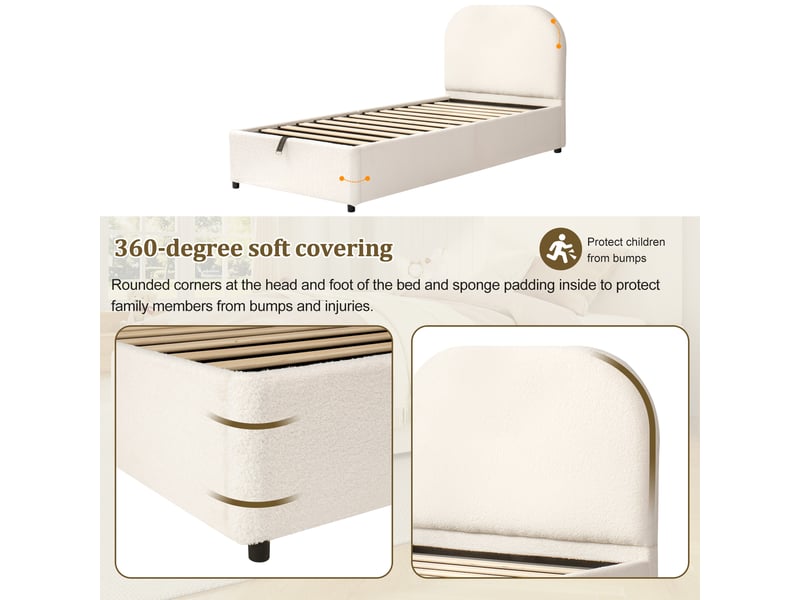  Lit coffre enfant 90x200 cm beige, tissu bouclé, sommier relevable hydraulique, tête de lit rembourrée 9,5 cm, sommier à lattes inclus  - Conforama D