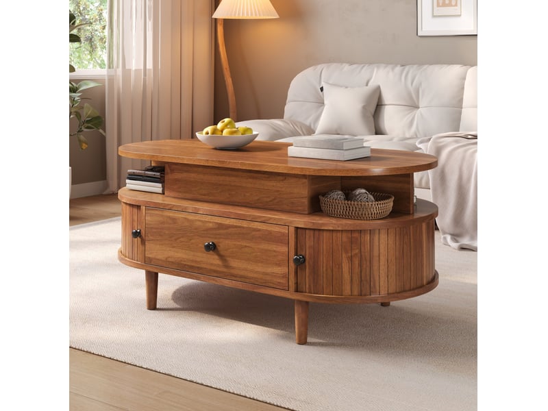  Table basse ovale 105x50x60,5 cm avec plateau relevable hydraulique, rangement caché, mdf, couleur marron, forme ovale  - Conforama E