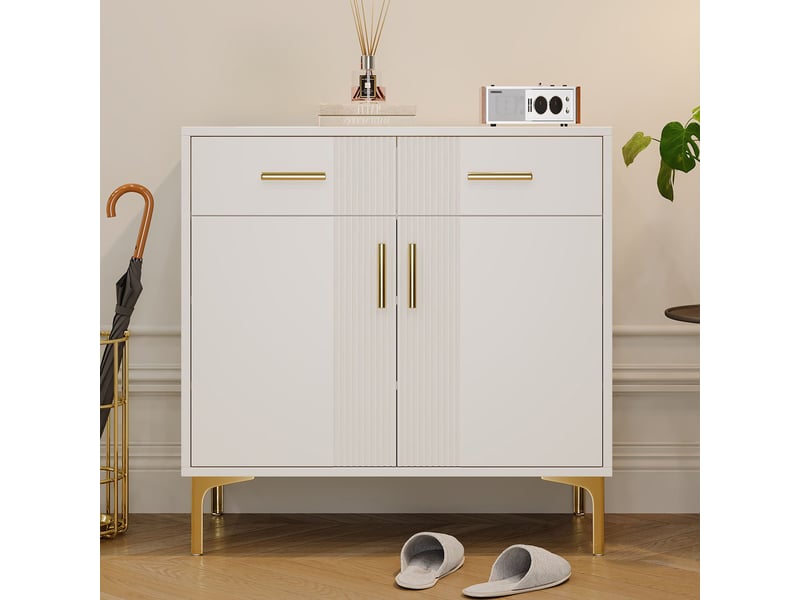  Buffet design contemporain blanc avec pieds métalliques, 2 portes et 2 tiroirs, meuble de rangement pour salon ou salle à manger - 80x35x79.5 cm  - Conforama B