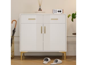 Buffet design contemporain blanc avec pieds métalliques, 2 portes et 2 tiroirs, meuble de rangement pour salon ou salle à manger - 80x35x79.5 cm