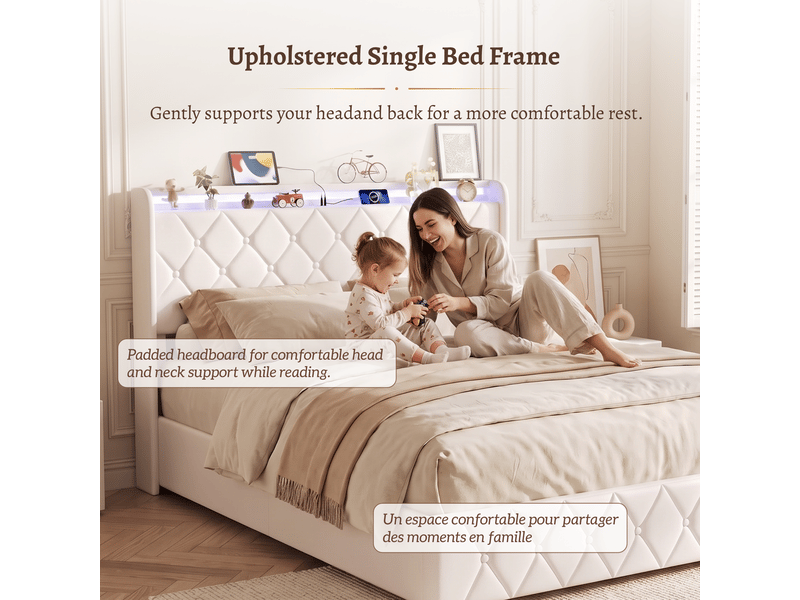  Lit coffre 140x200 cm, lit double rembourré en velours - cadre de lit avec rangement - ports usb et type-c - bandeau led multicolores, lit 2 places capitonné, velours beige  - Conforama D