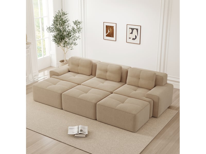 Canapé d'angle modulaire 3 places avec fonction couchage et 3 poufs en velours côtelé beige, 293 × 177 × 69 cm - Conforama B